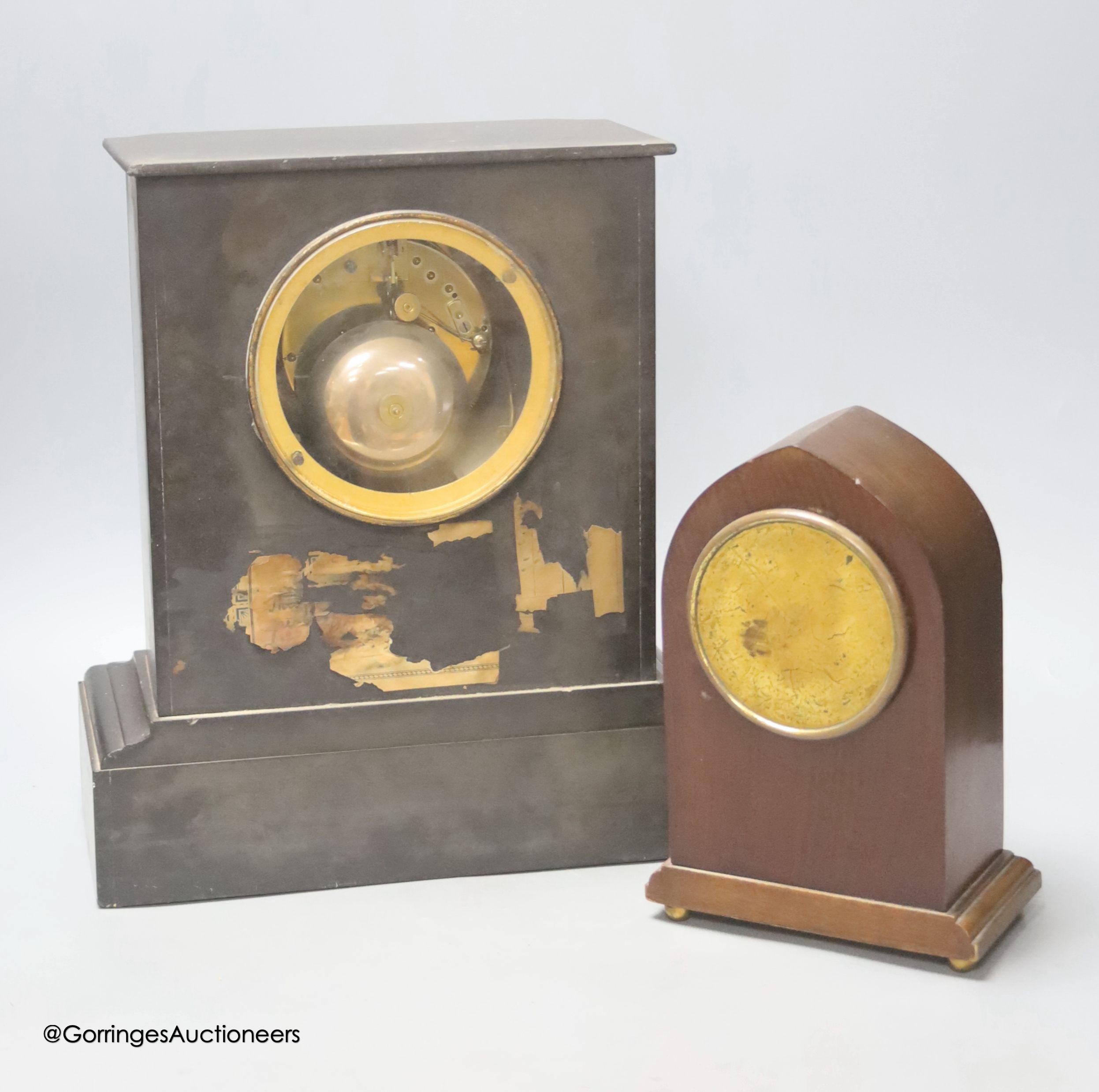 A black slate mantle clock with visible Brocot escapement, height 33cm, and an Edwardian mantel clock